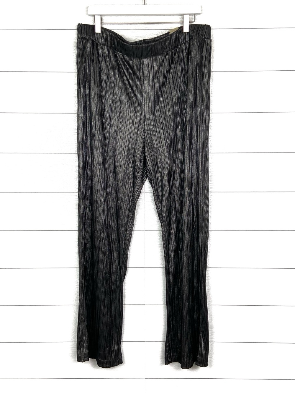NWT CHICOS Metallic Foil Crinkle Pleated Elastic Waist Pants Black Size 3 New
